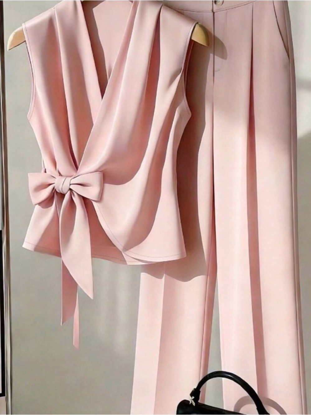 Pink Elegant Women's Two-Piece Set with Shawl Neck Camisole and Wide Leg Pants.